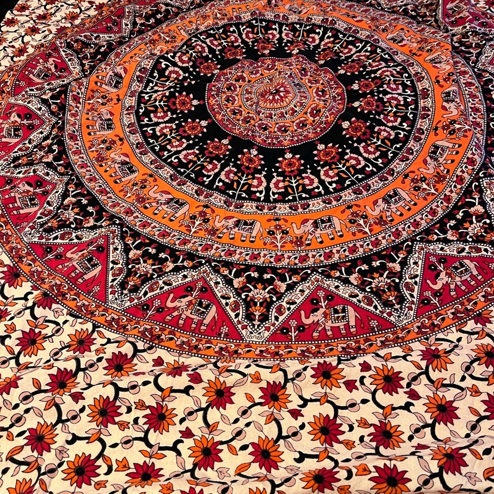 Bohemian Elephant Mandala Tapestry - Black, Orange, Pink